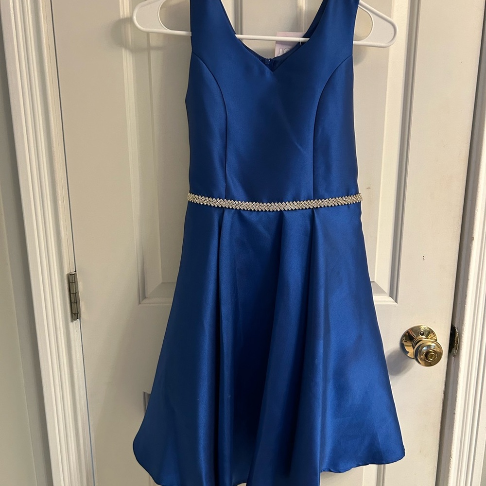 NWT-Elegant Royal Blue Sleeveless Girls Formal Dress with Rhinestone Waistband